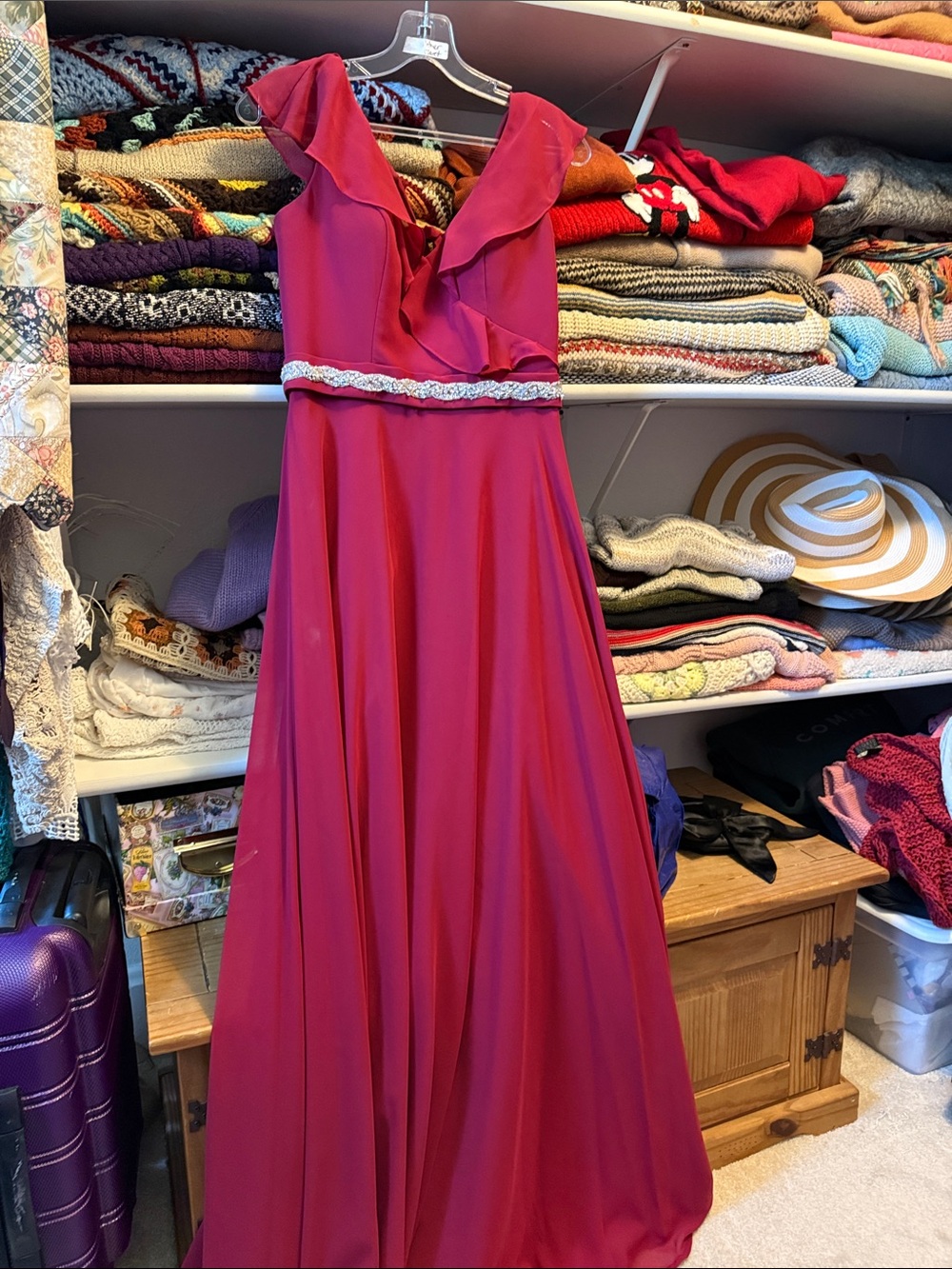 Raspberry Ruffled V-Neck Prom Gown with Beaded Waist